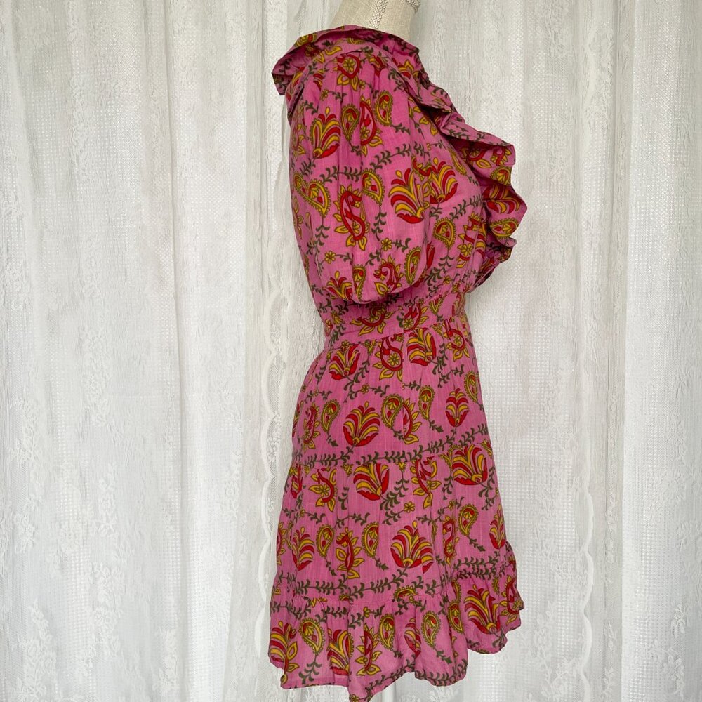 RAHI Women's Amber Dress XS Pink Batik Paisley V-neck Puff Sleeve Boho Ruffle - Picture 4 of 9